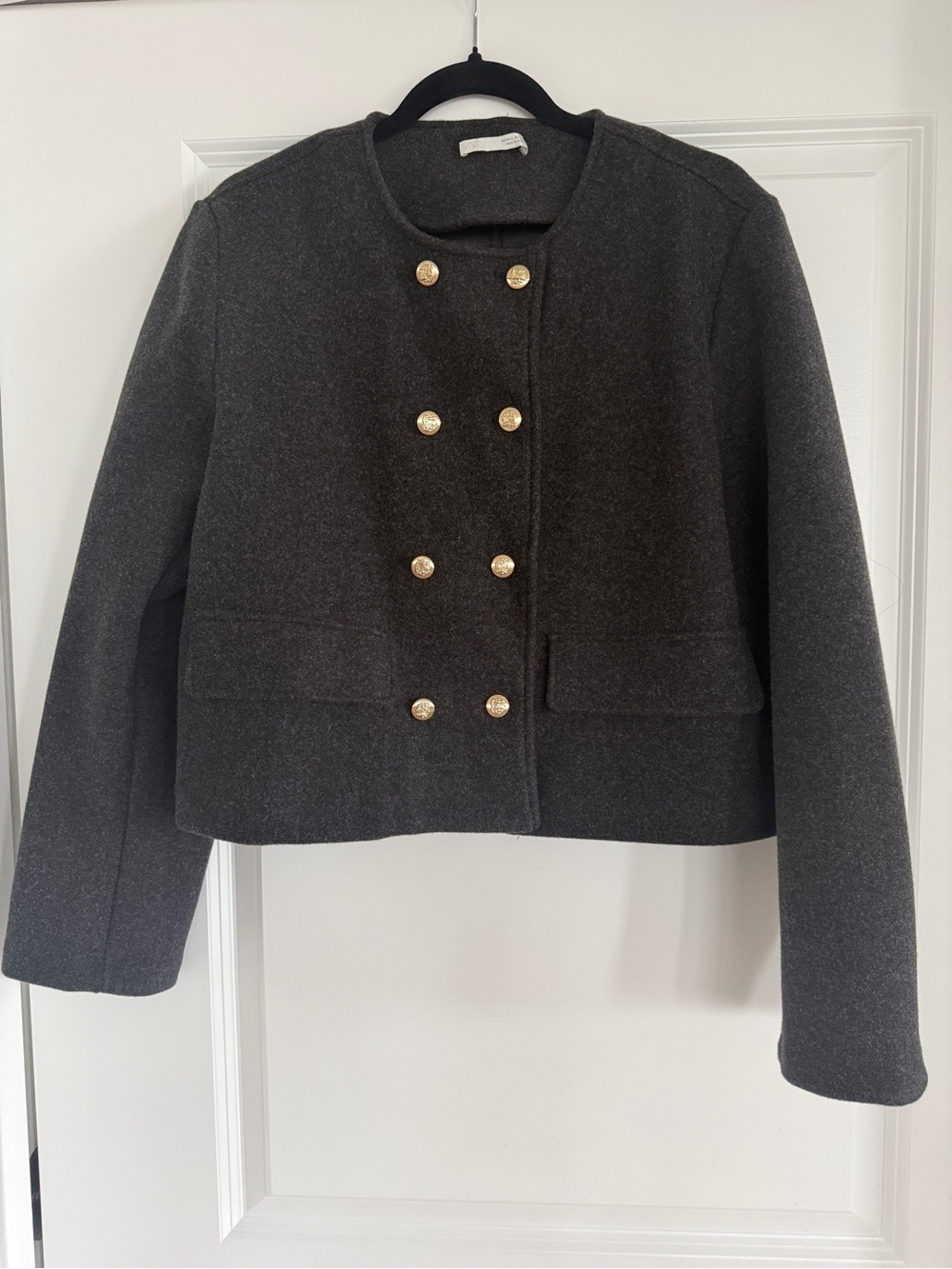 Zara Dark Charcoal Double-Breasted Cropped Jacket with Gold Buttons